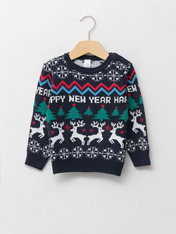 Bisiklet Yaka Uzun Kollu Y?lba?? Temal? Erkek Bebek Triko Kazak Baba ve O?ul Kombini