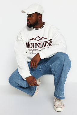 Ekru Buyuk Beden Oversize Nak?sl? Bisiklet Yaka Detayl? Ici Yumusak Pamuk Sweatshirt TMNAW24AO00022