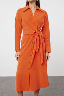 Kiremit Baglama Detayl? Midi Dokuma Gomlek Elbise TWOSS24EL01110 - Trendyolmilla фото 4