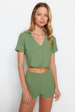 Trendyolmilla Lila Fitilli Crop Sortlu Orme Pijama Tak?m? THMSS22PT0308