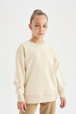 K?z Cocuk Relax Fit Bisiklet Yaka Pamuklu Basic Duz Okul Sweatshirt