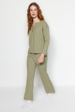 Trendyolmilla Yesil Waffle Tshirt-Pantolon Orme Pijama Tak?m? THMAW24PT00126