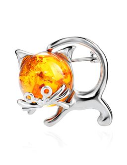 Забавная брошь с коньячным янтарём Чешир