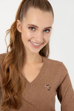 U. S. Polo Assn Женский базовый свитер светло-коричневого цвета с v-образным вырезом меланжевого цвета - U.s. polo assn фото 2