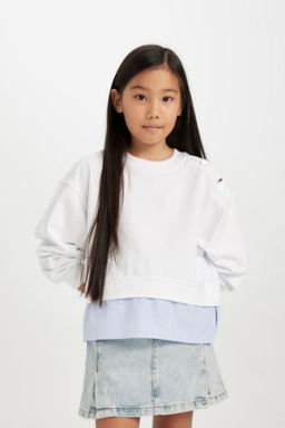 K?z Cocuk Relax Fit Bisiklet Yaka Etek Ucu Detayl? Sweatshirt