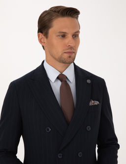 Lacivert Ex. Slim Fit _izgili Kruvaze Tak_m Elbise