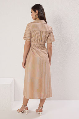 Kahverengi Kemerli Cizgili A Kesim Midi Dokuma Elbise TWOSS25EL00647 - Trendyolmilla фото 4