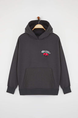 Teen Kal?n Ici Polarl? Antrasit Kapusonlu On ve S?rt Cilek Bask?l? Orme Sweatshirt TWOAW26SW00114