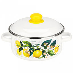 "Лимоны в цвету" Кастрюля эмалированная 3л, д22см, h10,5см, цилиндрическая форма, металлическая крышка, белый (Россия)