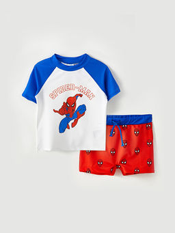 Bisiklet Yaka K?sa Kollu Spiderman Bask?l? Erkek Bebek Y?zme Tak?m