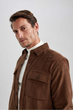 Вельветовая куртка-рубашка стандартного кроя с воротником-поло и длинными рукавами - Defacto фото 7