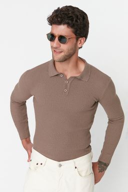 Trendyolmilla Man Haki Fitted Dar Kal?p Pamuklu Polo Yaka Dugmeli Fitilli Orgu Kazak TMNAW21KZ0567