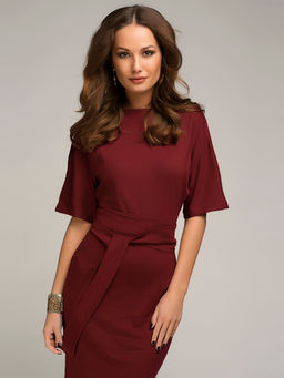 Платье бордовое длины мини с поясом и рукавом летучая мышь - 1001dress фото 3