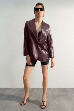 TRENDYOLMILLA Siyah Dokuma Oversize Suni Deri Blazer Ceket TWOSS23BC00049 фото 24
