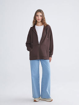 Kap??onlu Oversize Kad?n Fermuarl? Sweatshirt