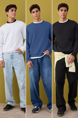 Siyah-Lacivert-Gri Melanj 3lu Paket Regular/Normal Kesim Basic Ici Polar Sweatshirt TMNAW26SW00006