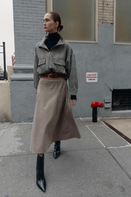 HOUNDSTOOTH CAPE BELT MIDI SKIRT