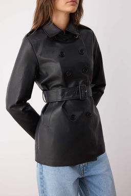 Siyah Suni Deri Kruvaze Regular Midi Trenckot TWOAW26TR00007 - Trendyolmilla фото 2