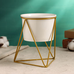Горшок для цветов «Грани» керамический, 400 мл, 14×11×15 см, на золотистой металлической подставке, белый