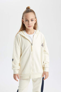 Толстый, мягкий кардиган для девочек с капюшоном на спине и принтом внутри - Defacto фото 4