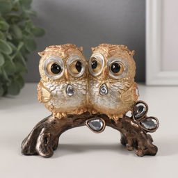 Фигурка полистоун «Совята на коряге с зеркальными листьями», 12.5×5.5×9.5 см