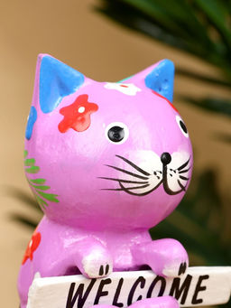 Сувенир «Кот с табличкой WELCOME», 8×5×10 см, дерево, сиреневый