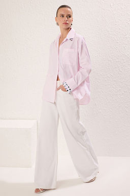 TRENDYOLMILLA Ac?k Pembe Yaka Ve Mansette Payet Tas Detayl? Overszie Genis Kal?p Dokuma Gomlek TWOSS25GO00043  фото 2