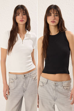 Ekru-Siyah 2li Paket Fitilli Esnek Vucuda Oturan Orme Bluz TWOSS25BZ00439 - Trendyolmilla фото 2