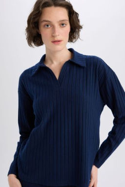 Relax Fit Polo Yaka Basic Duzl Fitilli Kaskorse Uzun Kollu Tisort