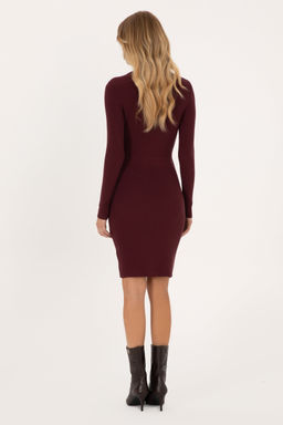 KadДn Bordo Bisiklet Yaka Mini Boy Triko Elbise