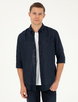 Lacivert Regular Fit %100 Keten G_mlek