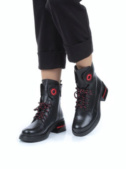 01-P514-1 BLACK/RED Ботинки демисезонные женские (натуральная кожа, байка)