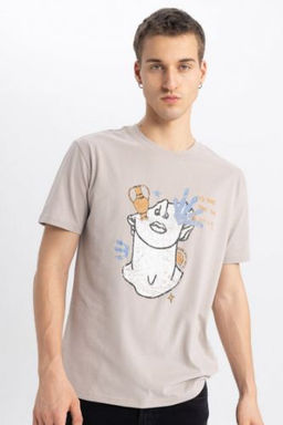 Regular Fit Bisiklet Yaka Bask?l? K?sa Kollu Tisort