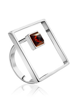 Оригинальное кольцо Гравитация с вишнёвым янтарём