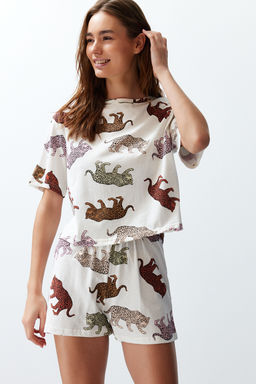 Trendyolmilla Kad?n Couple/Cift Ekru %100 Pamuklu Kaplan Desenli Sortlu Orme Pijama Tak?m? THMSS24PT00078  фото 5