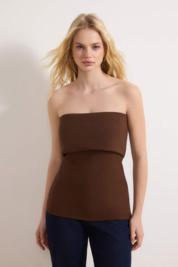 Kahverengi Straplez Yaka Yandan Fermuarl? Krep Orme Bluz TWOSS23BZ00928