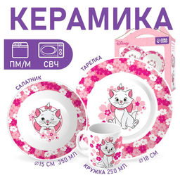 Набор посуды из керамики, 3 предмета: тарелка 16,5 см, миска 14 см, кружка 200 мл, Кошечка Мари, Коты Аристократы