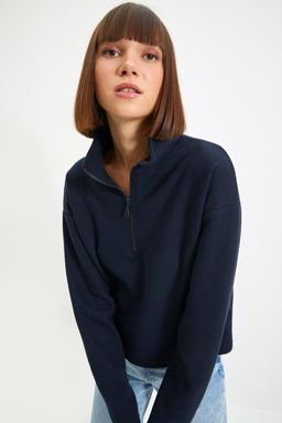 Lacivert Selanik/Triko Gorunumlu Fermuarl? Yaka Regular/Normal Kal?p Orme Sweatshirt TWOAW22SW0732