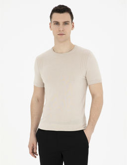 Bej Slim Fit Bisiklet Yaka Triko Ti__rt