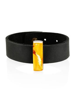 Широкий браслет Индонезия из кожи с натуральным янтарём