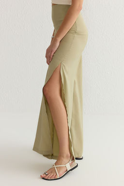 Mint Modal Wide Leg / Genis Paca Yuksek Bel Y?rtmacl? Dokuma Pantolon TWOSS25PL00006 Palazzo