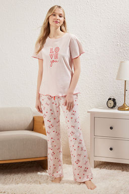 Trendyolmilla Pudra %100 Pamuklu Kiraz ve Kurdele/Fiyonk Desenli Orme Pijama Tak?m? THMSS25PT00188