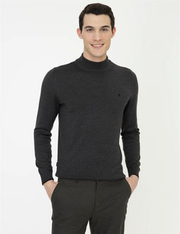 Antrasit Melanj Slim Fit Yar_m Bal_k__ Yaka Basic Triko Kazak