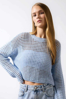 Regular Fit Bisiklet Yaka Krose Ajurlu Delikli Crop Triko Kazak - Defacto фото 3