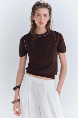 SHORT SLEEVE KNIT TOP WITH PIPING - Zara фото 48