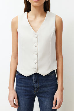 Bej Fitted Fitted Dugmeli Crop Dokuma Yelek TWOSS21YE0009