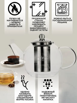 8555 GIPFEL Чайник заварочный SHUGA 800мл. Материал корпуса: боросиликатное стекло. Материал крышки и фильтр-сита нерж. сталь 18/10  фото 4