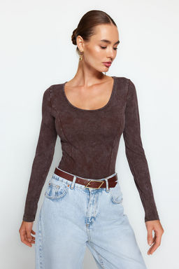 Kahverengi Eskitme/Soluk Efektli Pamuklu Uzun Kol Esnek C?tc?tl? Orme Body TWOAW24BD00044