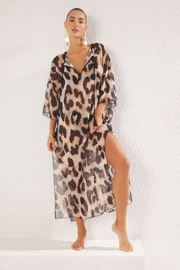TRENDYOLMILLA Leopar Desenli Maxi Dokuma Baglamal? Sifon Plaj Elbisesi TBESS25EL00006