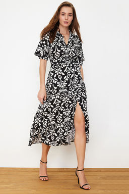 Siyah Kusakl? Y?rtmacl? Cicek Desenli Midi Dokuma Gomlek Elbise TWOSS20EL2822 - Trendyolmilla фото 2